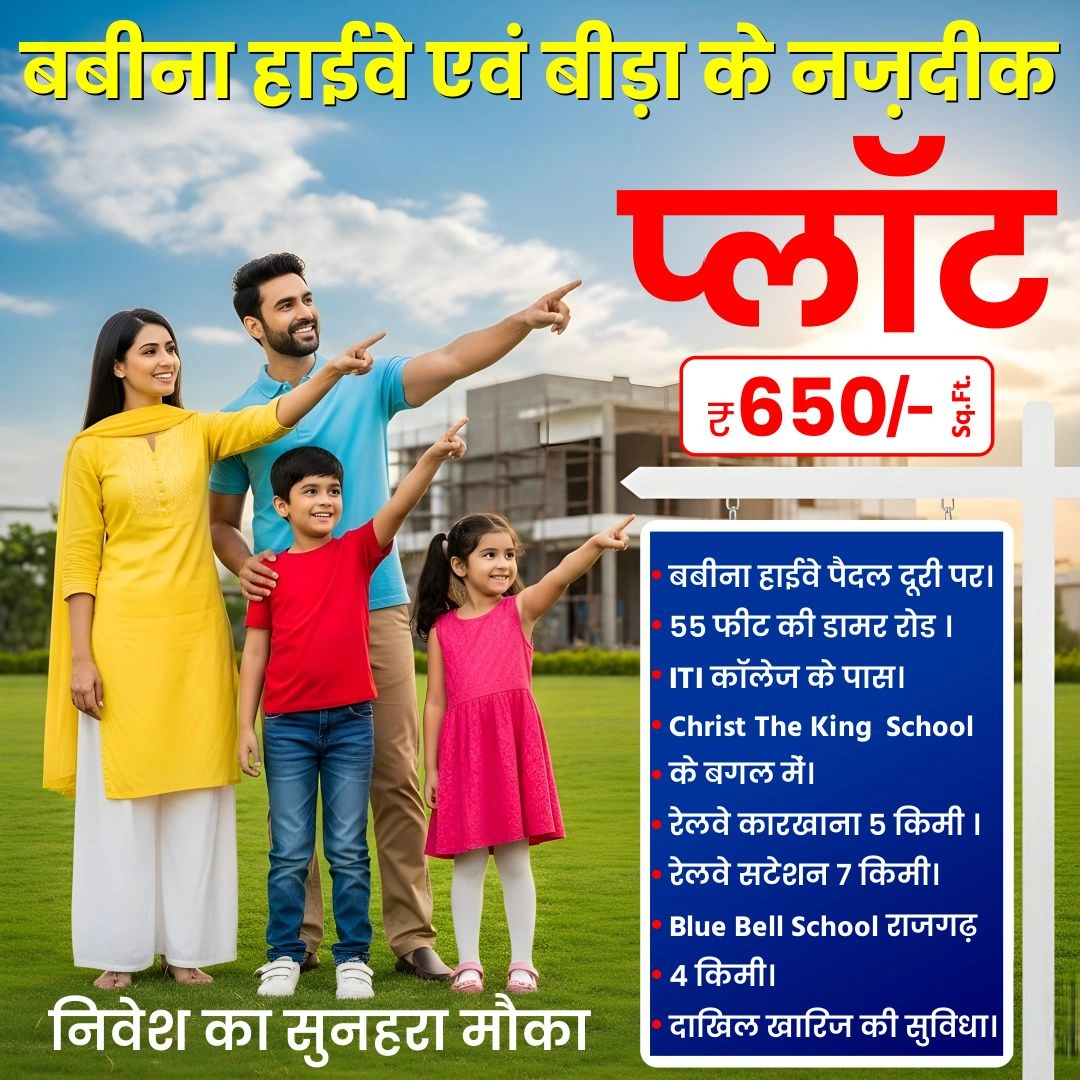A family looking at a real estate plot advertisement for CKC Plots on Babina Highway, Jhansi. The ad features a happy family, showcasing the benefits of investing in land.